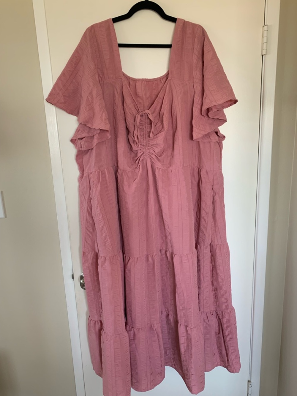 BloomChic Pink Tiered Dress Plus Size 30 Ruched Bodice, Textured, Short Sleeves